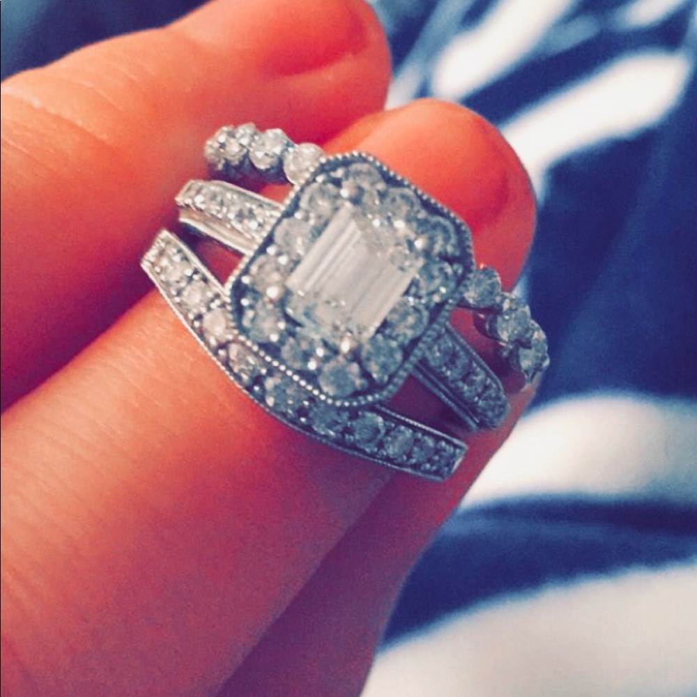 Engagement ring and two wedding bands